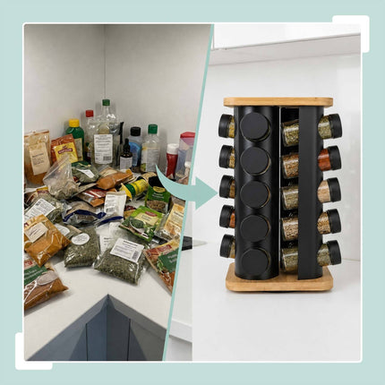 Rotating Spice Carousel with 12 Glass Shaker Jars, Bamboo, Matt Black