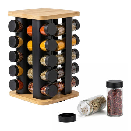 Rotating Spice Carousel with 20 Glass Shaker Jars, Bamboo, Matt Black