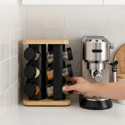 Rotating Spice Carousel with 20 Glass Shaker Jars, Bamboo, Matt Black