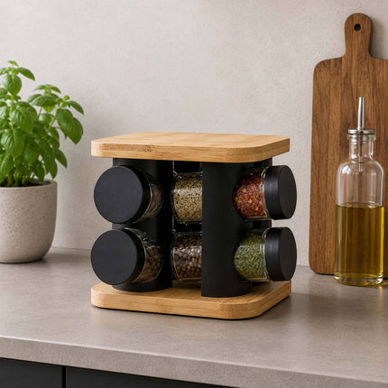 Rotating Spice Carousel with 20 Glass Shaker Jars, Bamboo, Matt Black