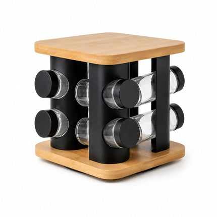 Rotating Spice Carousel with 8 Glass Shaker Jars, Bamboo, Matt Black