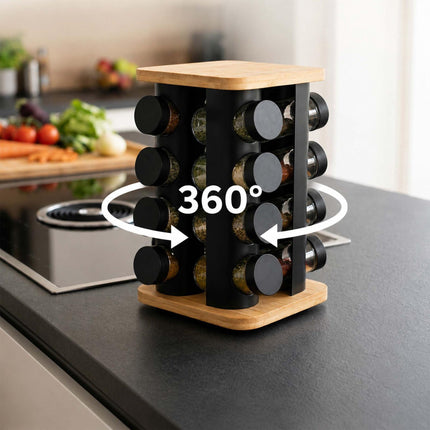 Rotating Spice Carousel with 8 Glass Shaker Jars, Bamboo, Matt Black