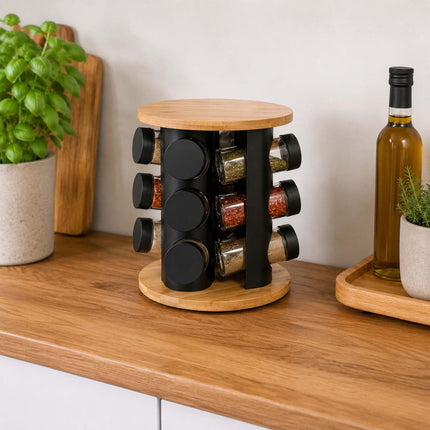 Rotating Spice Rack with 12 Glass Jars and Shaker Inserts, Bamboo, Black