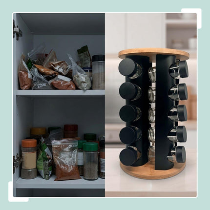 Rotating Spice Rack with 12 Glass Jars and Shaker Inserts, Bamboo, Black