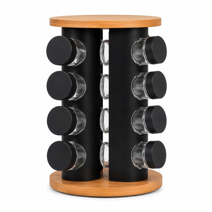 Rotating Spice Rack with 16 Glass Jars and Shaker Inserts, Bamboo, Black