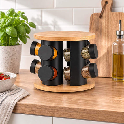 Rotating Spice Rack with 16 Glass Jars and Shaker Inserts, Bamboo, Black