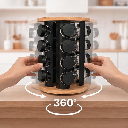 Rotating Spice Rack with 20 Glass Jars and Shaker Inserts, Bamboo, Black