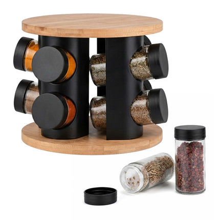 Rotating Spice Rack with 8 Glass Jars and Shaker Inserts, Bamboo, Black