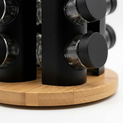 Rotating Spice Rack with 8 Glass Jars and Shaker Inserts, Bamboo, Black