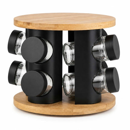 Rotating Spice Rack with 8 Glass Jars and Shaker Inserts, Bamboo, Black