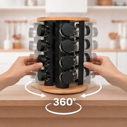 Rotating Spice Rack with 8 Glass Jars and Shaker Inserts, Bamboo, Black