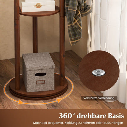 Drehbare Garderobe aus Holz mit 3 Ablagen & 9 Haken, Nussbaum