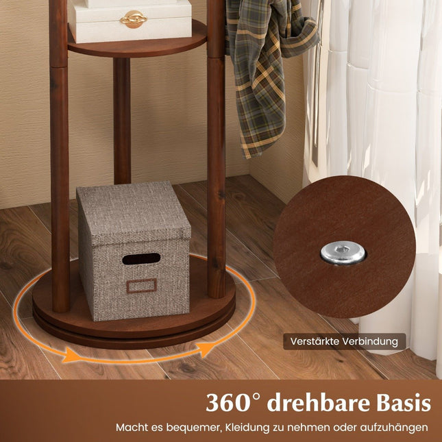 Drehbare Garderobe aus Holz mit 3 Ablagen & 9 Haken, Nussbaum