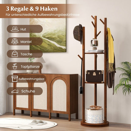 Drehbare Garderobe aus Holz mit 3 Ablagen & 9 Haken, Nussbaum