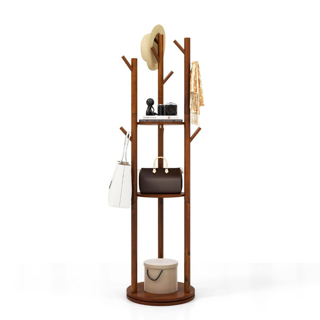 Drehbare Garderobe aus Holz mit 3 Ablagen & 9 Haken, Nussbaum