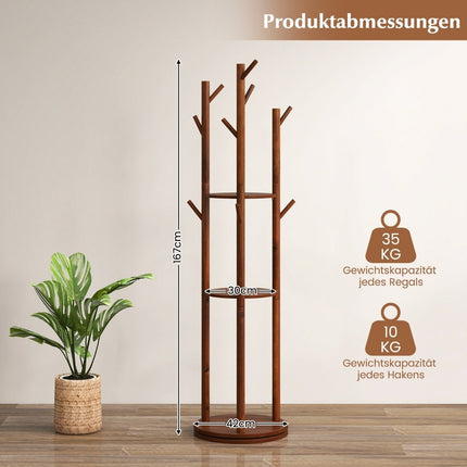 Drehbare Garderobe aus Holz mit 3 Ablagen & 9 Haken, Nussbaum