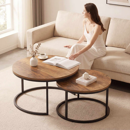 Round 2-Piece Coffee Table Set, Metal Frame, Brown