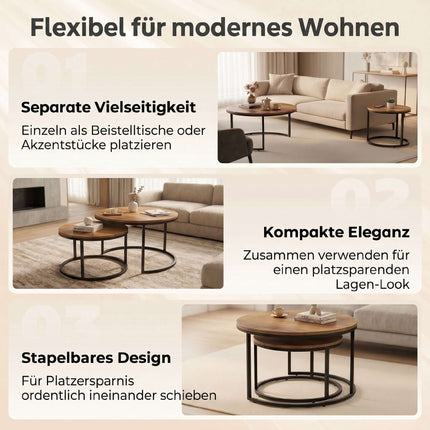 Round 2-Piece Coffee Table Set, Metal Frame, Brown