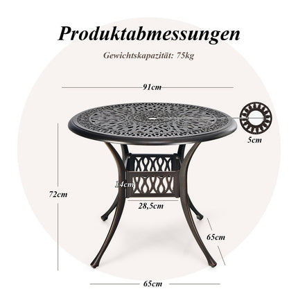 Kulatý hliníkový zahradní stůl s otvorem na slunečník, 90 cm