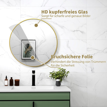Runder Badezimmerspiegel, 70x70 cm, Goldrahmen, Sicherheitsglas