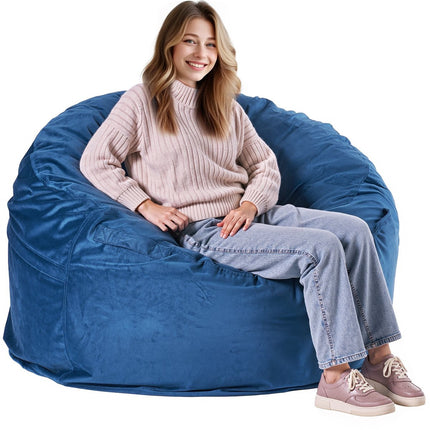 Round Bean Bag Chair, Washable Velvet Cover, Blue