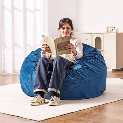 Round Bean Bag Chair, Washable Velvet Cover, Blue