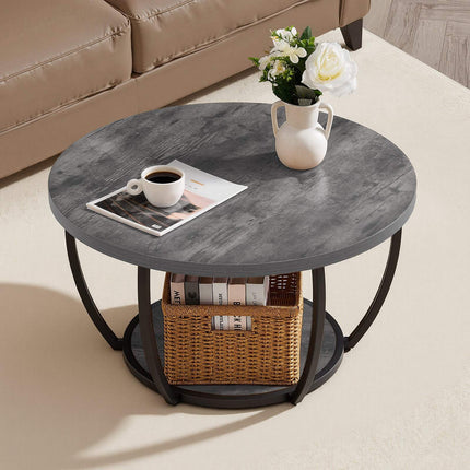 Round Coffee Table, 2-Tier Wood Top, Metal Frame, Grey
