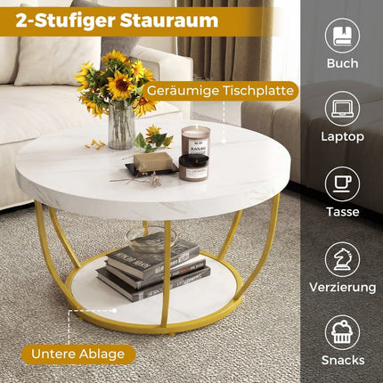Round Coffee Table, 2-Tier Wood with Metal Frame