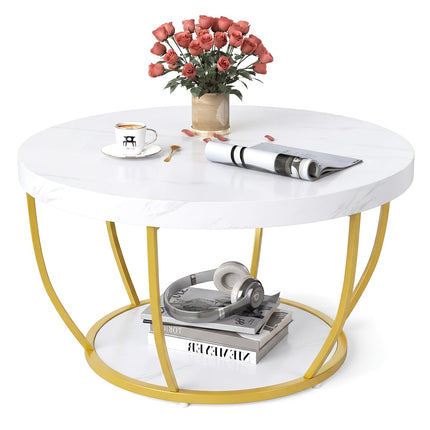 Round Coffee Table, 2-Tier Wood with Metal Frame