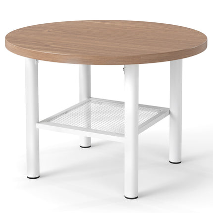 Round Coffee Table 2-Tier with Storage Shelf and Metal Frame, Natural & White