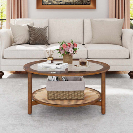 Round Coffee Table, Glass Top, Rattan Shelf, Walnut Finish