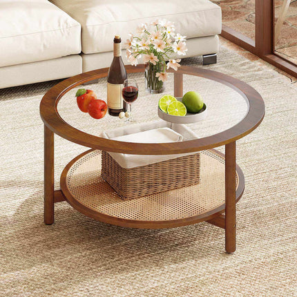 Round Coffee Table, Glass Top, Rattan Shelf, Walnut Finish