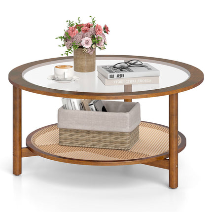 Round Coffee Table, Glass Top, Rattan Shelf, Walnut Finish