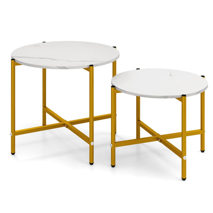Runder Couchtisch, 2er-Set, stapelbar, Metallrahmen, Weiß
