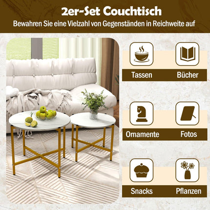 Runder Couchtisch, 2er-Set, stapelbar, Metallrahmen, Weiß
