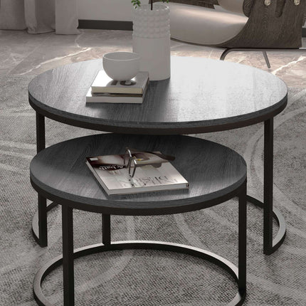 Runder Satztisch, 2er-Set, schwarzes Holzfinish