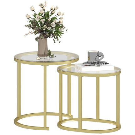 Round coffee table set of 2, stackable steel frame, gold