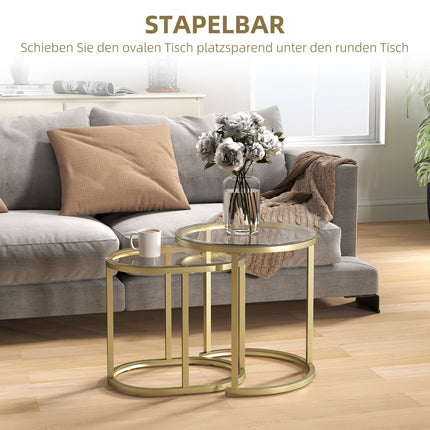 Round coffee table set of 2, stackable steel frame, gold