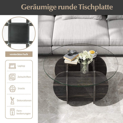 Round Coffee Table, Tempered Glass Top, Hidden Storage