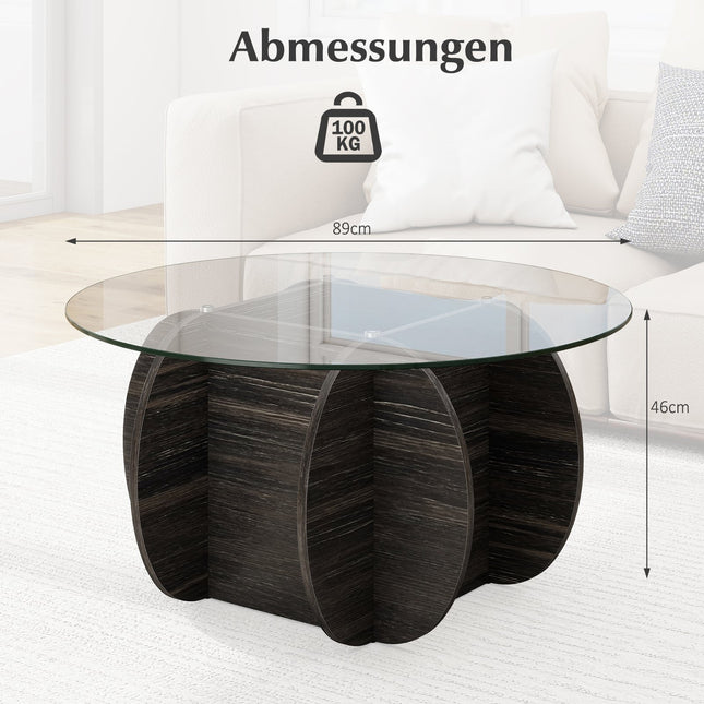 Runder Couchtisch, Tischplatte aus gehärtetem Glas, verdeckter Stauraum