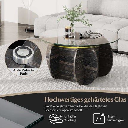 Round Coffee Table, Tempered Glass Top, Hidden Storage
