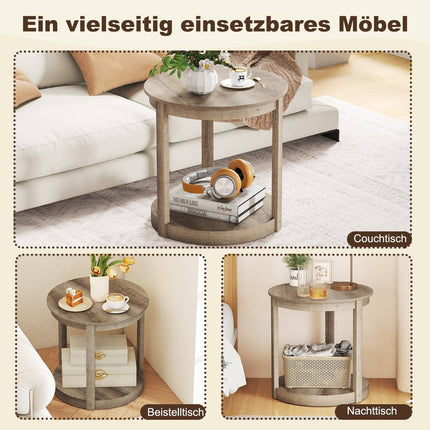 Round Coffee Table with 2-Tier Storage, Rubberwood