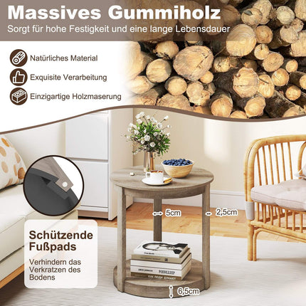 Round Coffee Table with 2-Tier Storage, Rubberwood