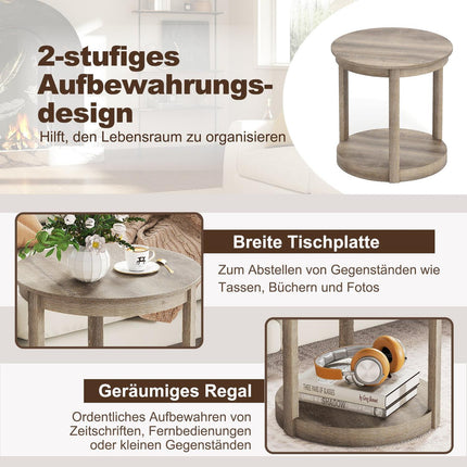 Round Coffee Table with 2-Tier Storage, Rubberwood