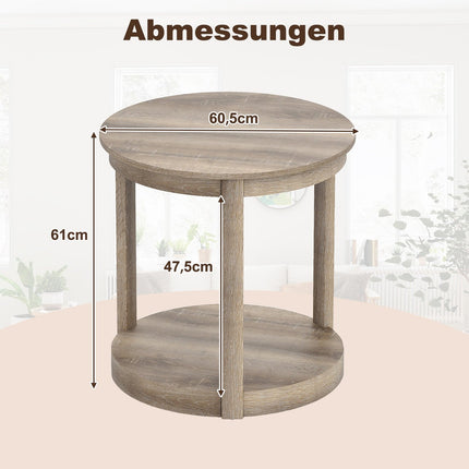 Round Coffee Table with 2-Tier Storage, Rubberwood