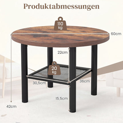 Round Coffee Table with 2-Tier Storage and Metal Frame