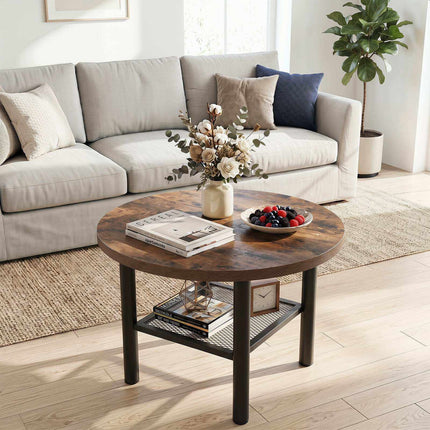 Round Coffee Table with 2-Tier Storage and Metal Frame