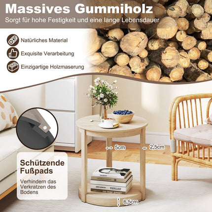 Round Coffee Table with 2 Tiers, Rubberwood Legs