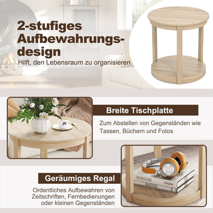 Round Coffee Table with 2 Tiers, Rubberwood Legs