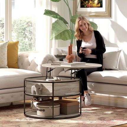 Round Coffee Table with Lift-Top, Storage, Oak Finish